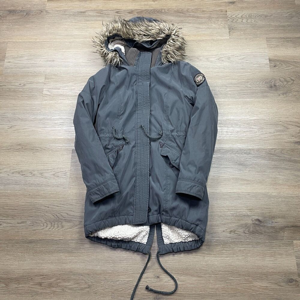 Abercrombie & Fit Jacket Womens Medium Gray Parka Fur Utility Outerwear Fleece